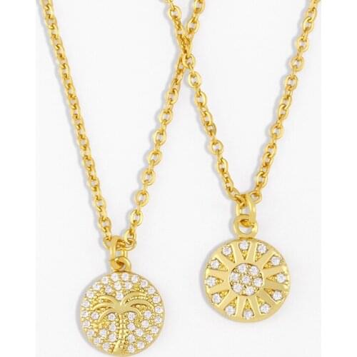 FLOLA Small Palm Tree Necklace For Women Gold Chain Round Sun Pendant Necklace Charms Cubic Zirconia Minimalist Jewelry nker77