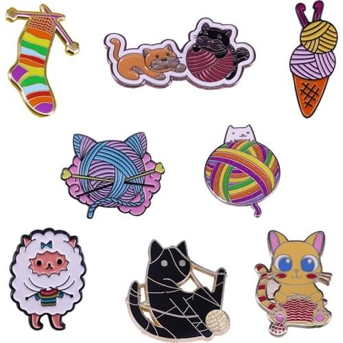 Cute Knitting enamel pin collection ,Sheep Cat Knitters Rainbow Socks Ice Cream yarn ball Badge knitter Brooch
