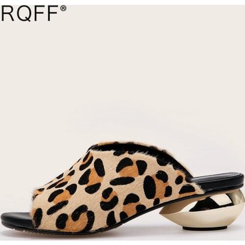 Leopard Mules Womens Slippers Summer Sexy Shoes Slides Handmade Plus Size Leather Horsehair Peep Toe Elegant Tpr Low Heels Bling