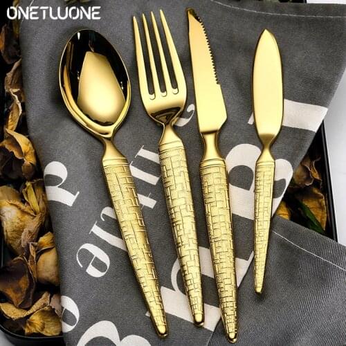 High Quality Stainless Steel Golden Tableware Set Mirror Polished Kitchen Cutlery Household knife, Fork and Spoon Set