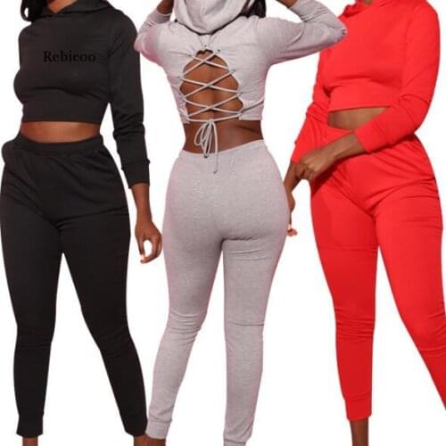 New Womens Two Piece Set Long Sleeve Lace Up Hoodies Pencil Trousers Jogger Pants Suit Tracksuit Matching Outfit