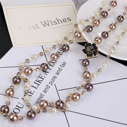 Trendy Camellia Flower Pendant Pearl Necklace For Women Wedding White Round Pearls Long Necklace Party Gift