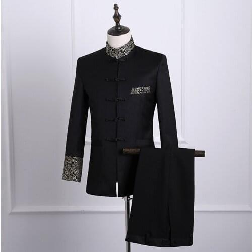 100%real mens black chinese style mandarin collar performance jacket/party/dance/sing/stage performance/jacket &pants