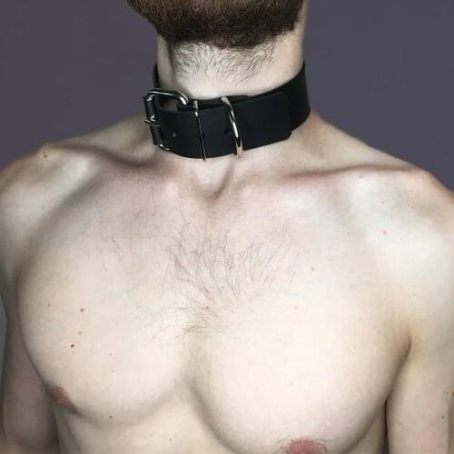 2PCS Man Fashion Neck Bondage PU Leather Sexy Male Collar Metal Ring Neck Goth Garters Clubwear Party Accessories Suspenders