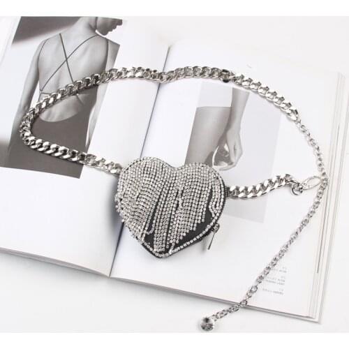 Luxury rhinestone Fringe Tassel Circular Heart Shape PU Waist Packs Women Wide Chain Waist Belt with lipstick coin money Bag