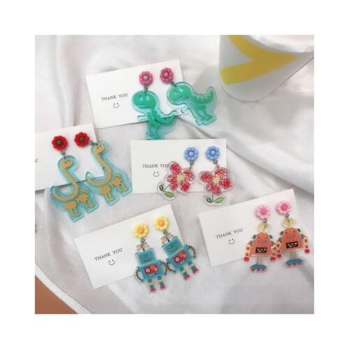 2021 Summer Funny Cute Pet Cartoon Acrylic Dinosaur Robot Flower Earrings Personalized Creative New Ear Rings For Women Girls