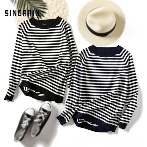 SINGRAIN Women knitted sweaters striped pullovers long sleeves basic sweaters loose warm tricot autumn winter Korean Knit Tops