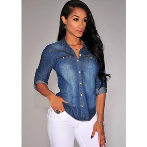 Women Retro Blue Jean Soft Denim Long Sleeve Shirt