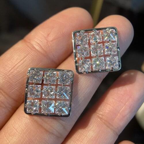 Top Quality Classic Square Style 925 Sterling Silver Studs Earrings Full Pave Shiny Zirconia Diamond Jewelry For Women