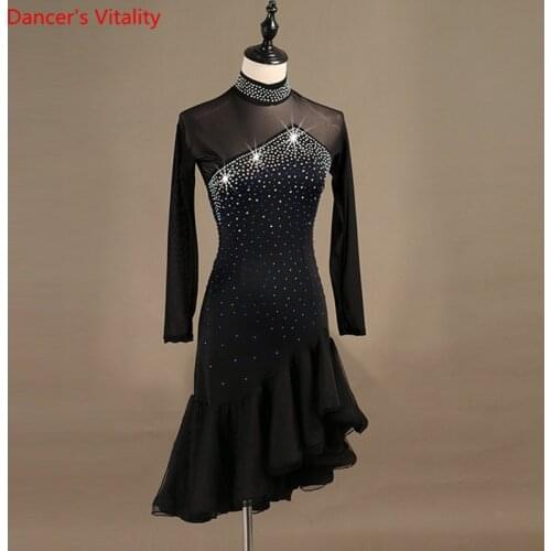 Women Latin Dance Dress Sexy Gauze Long Sleeved Diamonds Ruffes Dresses Adult Latin Ballroom Dance Stage Performance Costumes
