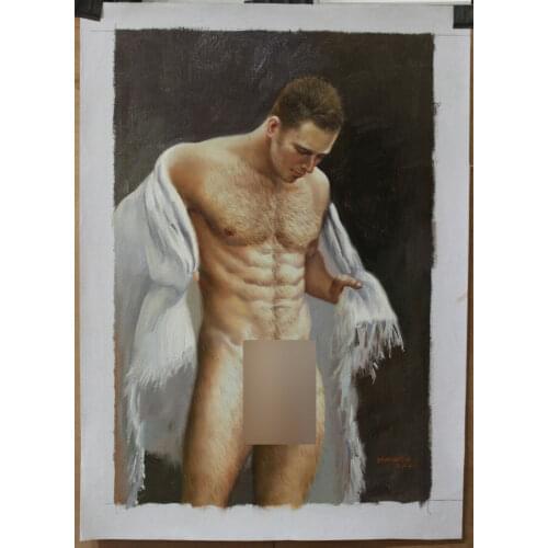 100%hand-painted Fine Fine art nude male original oil painting portrait men after bath signed