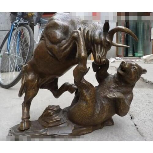 20"Chinese Folk bronze eximous handwork carved lifelike OX Bear Fight Statue