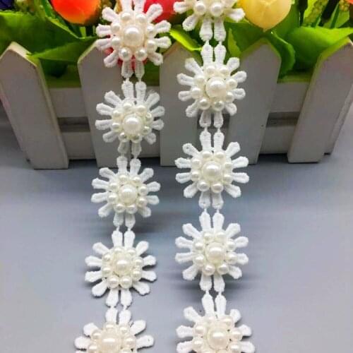 20x White Daisy Pearl Beaded Flower Embroidered Lace Trim Applique Trimming Ribbon Fabric Sewing Craft Handmade Wedding Decor