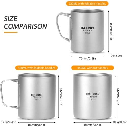 450ml / 220ml Titanium Double Wall Cup Water Coffee Tea Cup Mug with Foldable Handle for Home Office Camping Hiking Backpacking