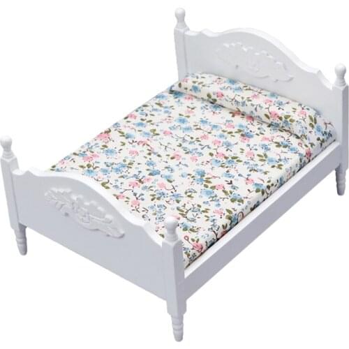 Miniature Dollhouse Accessories, Mini Double Bed Home Bedroom Furniture Dollhouse Miniature Model Toy Ornament