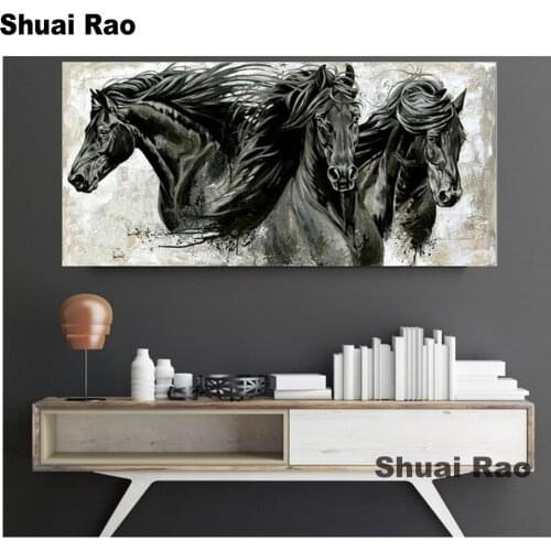 100% round Diamond Mosaic black Horse Pictures By numbers Diamond Painting Animals Cross Stitch Diamond Embroidery Rhinestones