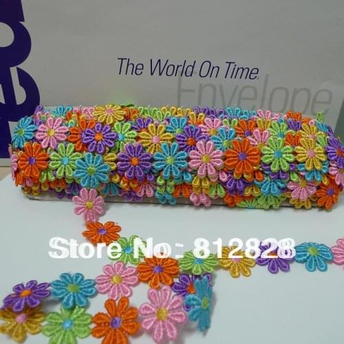 Free Shipping 3 Yards 25mm Wide Rainbow Daisy Flowers Lace Trim