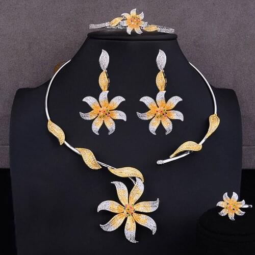 GODKI New 4PCS Luxury Flowers Necklace Bangle Earrings Ring Women Bridal Wedding Jewelry Sets Luxury Cubic Zircon Party Jewelry