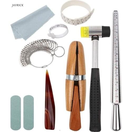 11Pcs Metal Mandrel Finger Sizing Measuring Stick Ring Sizer Guage Jewelers Hammer Wooden Ring Clamp Jewelry Tools Kit