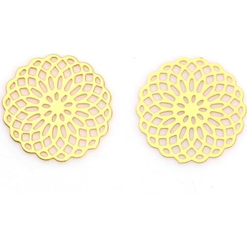 10 PCs Round Flower Hollow Copper Embellishments Gold Color For DIY Jewelry Making 15mm( 5/8") x 15mm( 5/8")