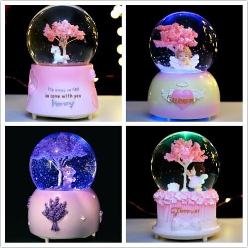 Crystal Ball Music Box Cherry tree unicorn Girls Birthady Gifts Glowing Snowflakes Music Box Home Decoration Desktop Ornament