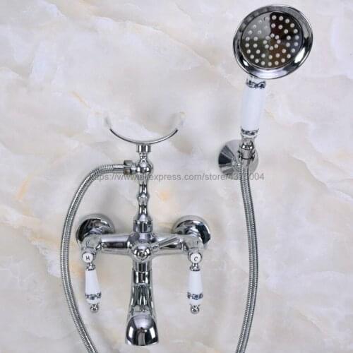 Wall Mounted Polished Chrome Clawfoot Bathtub Faucet telephone style Bath Shower Water Mixer tap with Handshower Nna239
