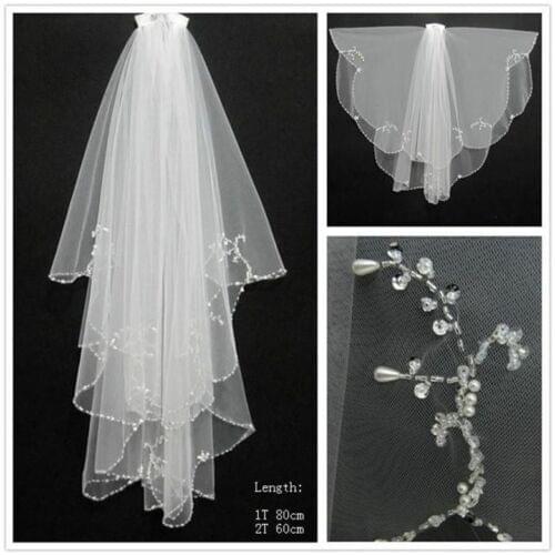 Lastest Look of the New Style Handmade beaded White Beads Pearl White/Ivory 2T Wedding Bridal Veil with Comb