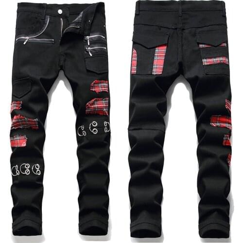 2021 New Mens Tartan Scotch Plaids Patchwork Jeans Punk Rock Zippers Rivets Black Pants Trendy Slim Straight Denim Trousers