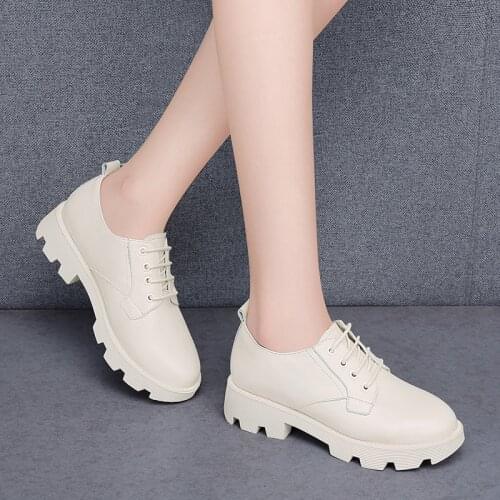 Genuine leather shoes single shoes womens shoes 2021 spring and autumn students mid-heel thick-soled daily lace-up wedge casual