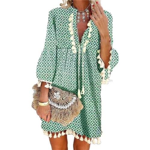 Beach Dress Geometric Print Tassel Women V Neck 3/4 Sleeve Green Dress for Vacation Summer Womens Clothing 2021 платье летнее