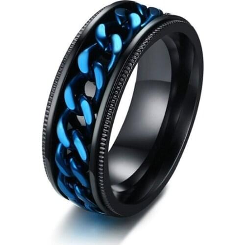 Attractive Design Stainless Steel Stackable Blue Chain Finger Ring for Cool Men Party Gift Jewelry