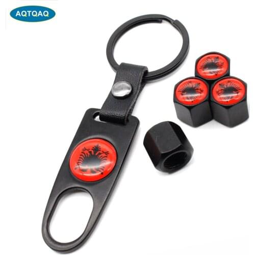 5Pcs/Set Albania Flag Style Anti-theft Car Wheel Air Tire Valves Leather Buckle Tire Valve Cap Stem with Wrench Ring Spanner New