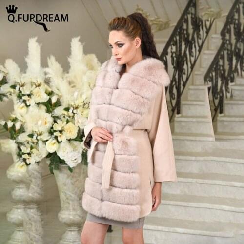 Q.FURDREAM New Fox Fur Collar With Sable Color Long Style Woolen Cloth Woman Fashion Luxury Lapel Full Sleeves Noble Elegant