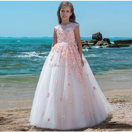 Pink 3D Flower Gilrs Evening Dress Beading Ball Gown First Communion Dresses Fir Girls 2019 Vestidos Deminha Flower Girl Dress