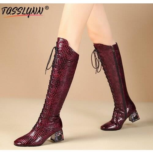 TASSLYNN 2019 Cow Leather Women Shoes Zipper Motorcycle Boots for Women Pointed Toe Crystal Heel Knee High Boots Big Size 42