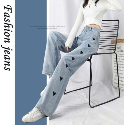 High Quality Women Jeans Pants Loose Wide Leg Female Heart Embroidered Baggy Jeans Trousers High Waist Ladies Fashion Pants 2021