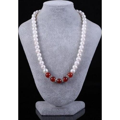 3Color 7-8 mm White Cultured Pearl + black red green Beads Necklace 18"