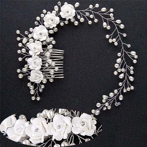 White Pearl Flower Hair Combs Jewellery Tiaras Women Headband With Comb Bridal Hair Jewelry Wedding Hair Accessories For Bride