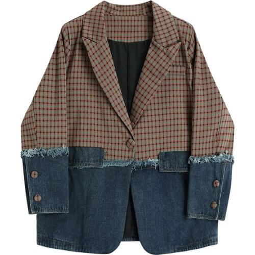 Women Plaid Denim Split Big Size Blazer New Lapel Long Sleeve Loose Fit Jacket Fashion Tide Spring Autumn 2021 Casual Streetwear