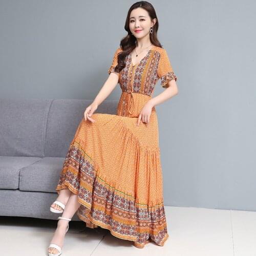 Spring Summer Plus Size Runway Dresses Elegant Women Bodycon Party Vestidos 2021 Vintage Red Boho Print Chiffon Beach Midi Dress