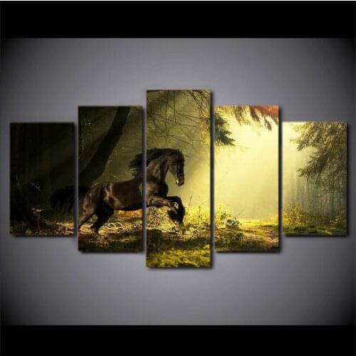 No Framed 5Pcs Black Horse in the Forest Posters Canvas Pictures Decorative Prints Wall Art Paintings Home Decor Living Room