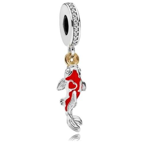 Genuine 925 Sterling Silver Charm Red And White Enamel Good Fortune Carp Beads Fit Pan Bracelet & Necklace Diy Jewelry