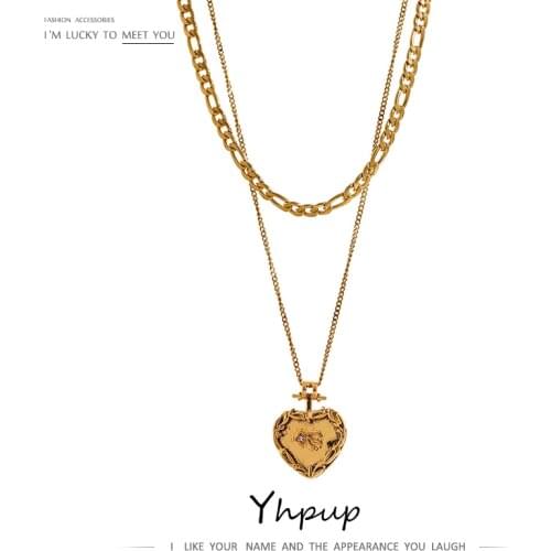 Yhpup Stainless Steel Heart Pendant Necklace Chain Double Layered Jewelry Collar Necklace for Women Girlfriend Gift бижутерия