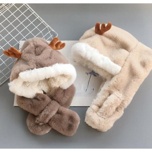 Children Baby Winter Plush Hat Scarf For Girls Boys Cute Cartoon Antlers Warm Coldproof Kawaii Caps Thicken Skullies Cap