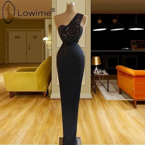 Elegant One Shoulder Black Long Evening Dresses Pearls Satin Floor Length Evening Gowns