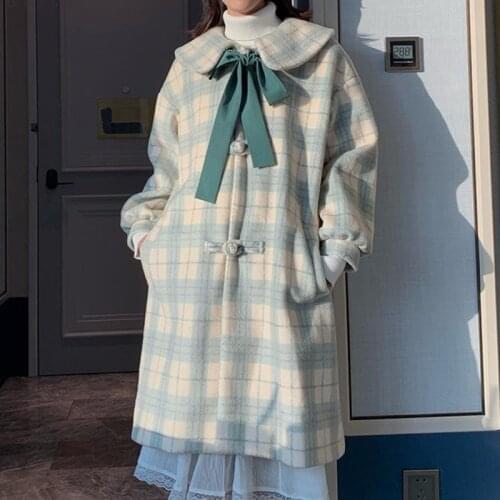 Plaid Women Bow Single Breasted Japanese Woolen Coats Chic Trendy Kawaii Harajuku Jackets Students Female Clothing