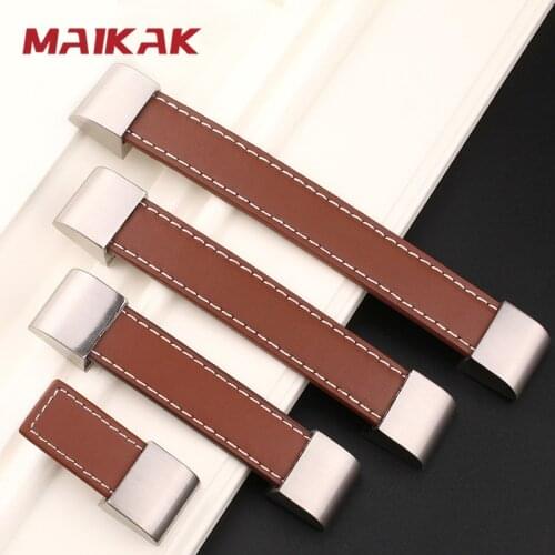 MAIKAK Zinc Alloy Leather Cabinet Handles Wardrobe Kitchen Cupboard Vintage Black Brown Furniture Handle Dresser Knobs
