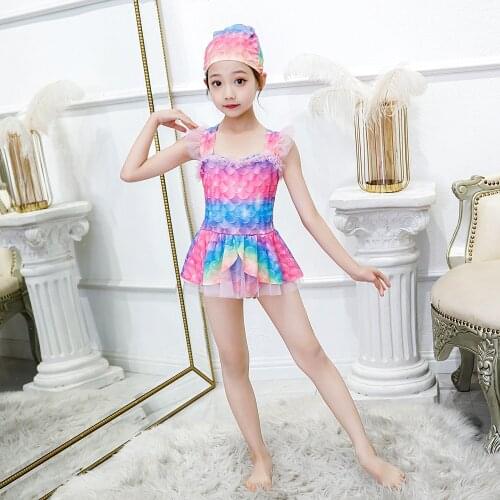2pcs Kids Girls Fish Scales Pattern One-piece Swimsuits Cosplay Costume Summer Beach Holiday Sling Mermaid Swimwear C30M278