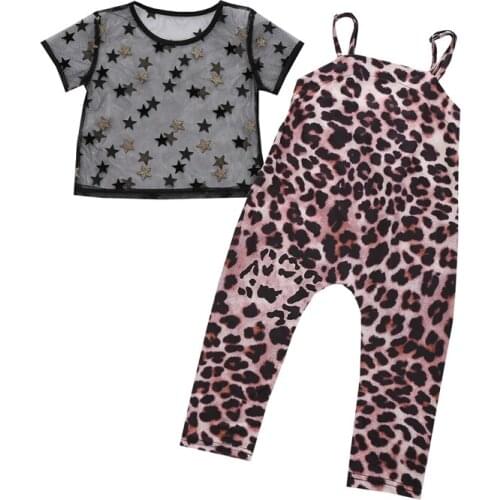 Baby Infant Summer Outfits Sets Girls See-through Mesh Star Print Short Sleeve Round Neck T-shirt + Leopard Overalls