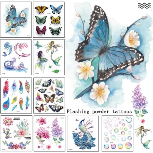 Flashing Powder Tattoo Glitter Temporary Tattoo Butterfly Mermaid Tattoo for girl arm clavicle sticker